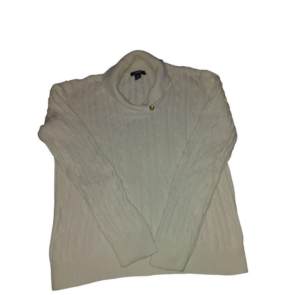 Chaps Womens Cream Cable Knit Shawl Collar Sweater Gold Button Size L